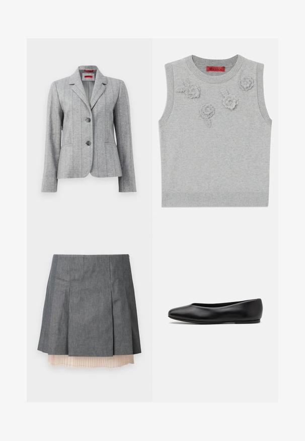 Blazer gris a medida con solapa, dos botones frontales, costuras verticales, y bolsillos frontales, exhibido sobre un fondo blanco.; Suéter sin mangas de color gris claro con un cuello y dobladillo acanalados. Presenta tres aplicaciones florales texturizadas en la parte frontal. Etiqueta de la marca: MAX&Co.; Falda gris con pliegues y un acabado texturizado, que cuenta con una capa inferior de pliegues en color rosa claro semitransparente y un cierre lateral con cremallera.; Paul Smith TOPANGA - Bailarinas - black