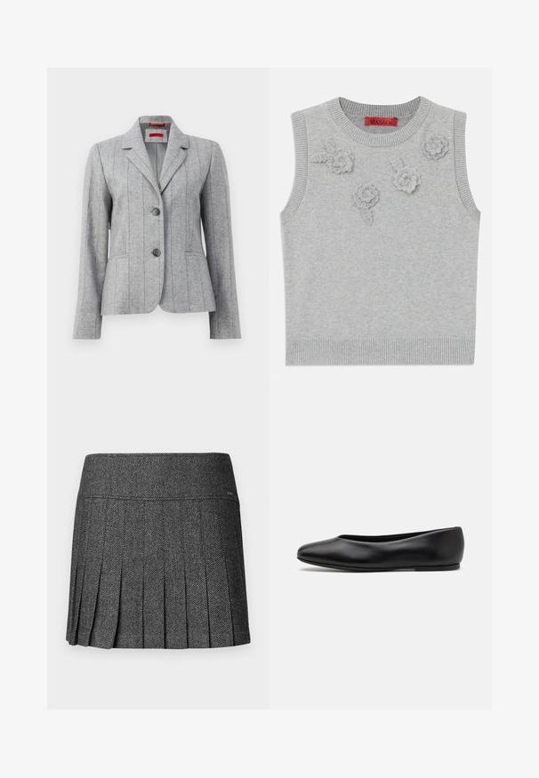 Sivi odijelo s reverima, dvostrukim prednjim gumbima, vertikalnim šavovima i prednjim džepovima, prikazano na bijeloj pozadini.; Svijetlosivi bezrukavni pulover s rebrastim ovratnikom i rubom. Sadrži tri teksturirane cvjetne aplikae sprijeda. Brend: MAX&Co.; Siva plisirana suknja izrađena od teksturiranog materijala. Ima visoki struk i suptilan uzorak riblje kosti po cijeloj tkanini.; Paul Smith TOPANGA - Balerinke - black