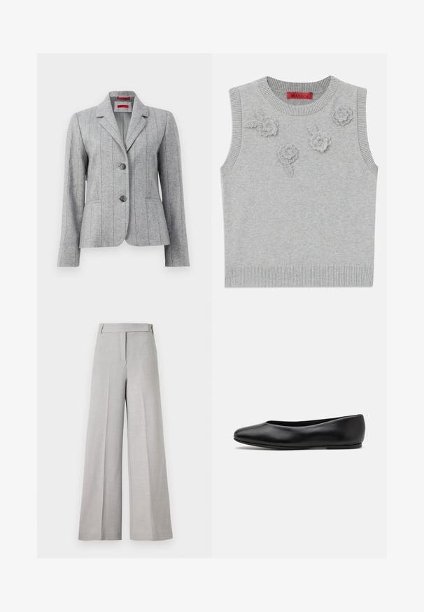 Grau taillierter Blazer mit Reverskragen, zwei vorderen Knöpfen, vertikalen Nahtnähten und Fronttaschen, auf einem weißen Hintergrund präsentiert.; Hellgrauer ärmelloser Pullover mit einem gerippten Hals- und Saumabschluss. Verfügt über drei strukturierte Blumenapplikationen auf der Vorderseite. Markenlabel: MAX&Co.; Helle graue weit geschnittene Hose aus einem glatten Material, mit einem taillierten Bund und einer vorderen Bügelfalte für einen eleganten Look.; Paul Smith TOPANGA - Klassischer Ballerina - black