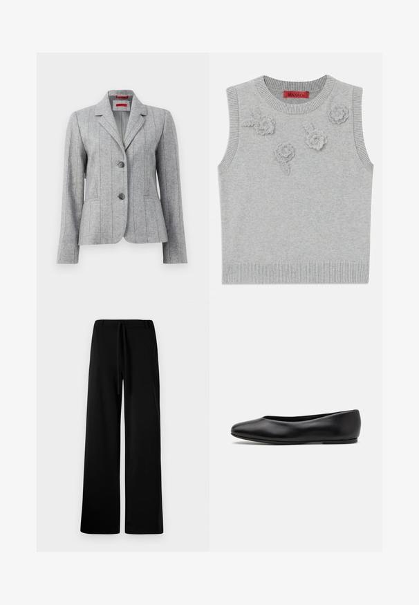 Blazer gris a medida con solapa, dos botones frontales, costuras verticales, y bolsillos frontales, exhibido sobre un fondo blanco.; Suéter sin mangas de color gris claro con un cuello y dobladillo acanalados. Presenta tres aplicaciones florales texturizadas en la parte frontal. Etiqueta de la marca: MAX&Co.; Pantalones anchos de color negro, fabricados en un tejido suave, con cintura elástica y cordón, textura lisa y sin bolsillos ni estampados visibles.; Paul Smith TOPANGA - Bailarinas - black