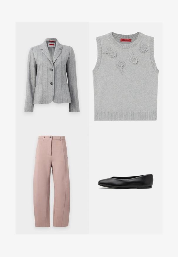 Blazer gris ajusté avec col revers, deux boutons à l'avant, coutures verticales et poches avant, présenté sur un fond blanc.; Pull sans manches gris clair avec un col et un ourlet côtelés. Présente trois appliqués floraux texturés sur le devant. Étiquette de la marque : MAX&Co.; Pantalon en tissu rose clair et doux, à coupe droite, avec une fermeture éclair à l'avant, un bouton de fermeture et des poches latérales. Texture lisse avec des détails de couture.; Paul Smith TOPANGA - Ballerines - black