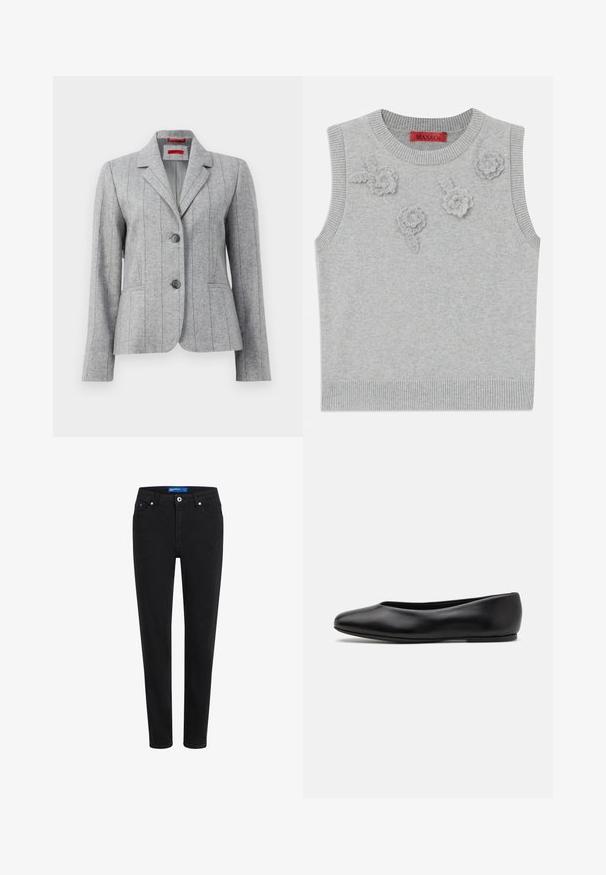 Harmaa räätälöity bleiseri, jossa on kara, kaksi etunappia, pystysuorat ommellut saumat ja etutaskut, esitelty valkoista taustaa vasten.; Vaaleanharmaa hihaton neule, jossa on ribbauspääntie ja -helmus. Edessä on kolme teksturoitua kukka-applikoitua. Brändilogo: MAX&Co.; Mustat farkut, joissa on slim fit -leikkaus, viisi taskua, vetoketju ja metallinappikiinnitys. Ominaisuuksiin kuuluu hillityt saumat ja keskikorkea vyötärö.; Paul Smith TOPANGA - Ballerinat - black