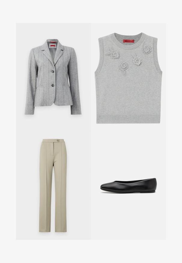 Grey tailored blazer with lapel collar, two front buttons, vertical stitched seams, and front pockets, displayed on a white background.; Light grey sleeveless sweater with a ribbed neckline and hem. Features three textured floral appliqués on the front. Brand label: MAX&Co.; Beige tailored pants with a straight fit, featuring a front zipper, a single button closure, and subtle pressed folds down the front legs.; Paul Smith TOPANGA - Ballet pumps - black