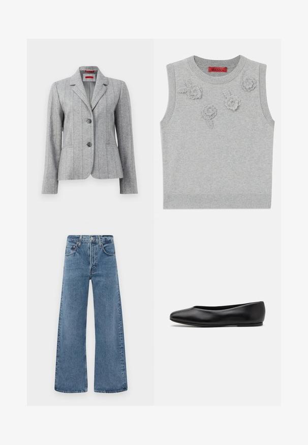 Grey tailored blazer with lapel collar, two front buttons, vertical stitched seams, and front pockets, displayed on a white background.; Light grey sleeveless sweater with a ribbed neckline and hem. Features three textured floral appliqués on the front. Brand label: MAX&Co.; Wide-leg, blue denim jeans with a classic five-pocket design, button closure, and faded texture, featuring raw edge hems.; Paul Smith TOPANGA - Ballet pumps - black