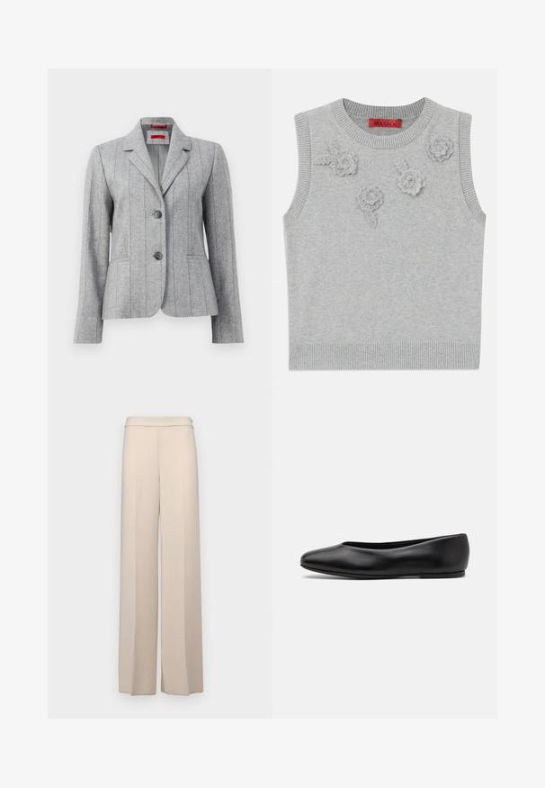 Grå skræddersyet blazer med slagkrave, to frontknapper, lodrette stikninger og frontlommer, præsenteret på en hvid baggrund.; Lys grå ærmeløs sweater med ribbet halsudskæring og kant. Har tre strukturerede blomsterapplikationer foran. Mærke: MAX&Co.; Beige vidde bukser i et glat stof med høj talje og subtile frontfolder. Ingen lommer eller synlige hardware detaljer.; Paul Smith TOPANGA - Ballerinasko - black