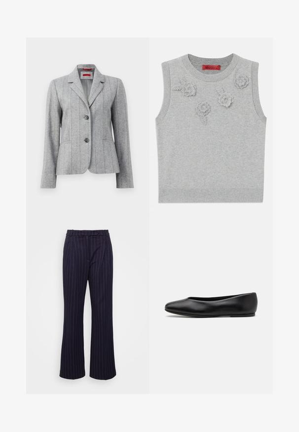 Grijze op maat gemaakte blazer met reverskraag, twee frontknopen, verticale gestikte naden en voortassen, weergegeven op een witte achtergrond.; Lichtgrijze mouwloze trui met een geribbelde halslijn en zoom. Bevat drie textuurrijke bloemapplicaties op de voorkant. Merklabel: MAX&Co.; DESIGNERS REMIX ZOE PANTS - Broek - navy/white; Paul Smith TOPANGA - Ballerina's - black