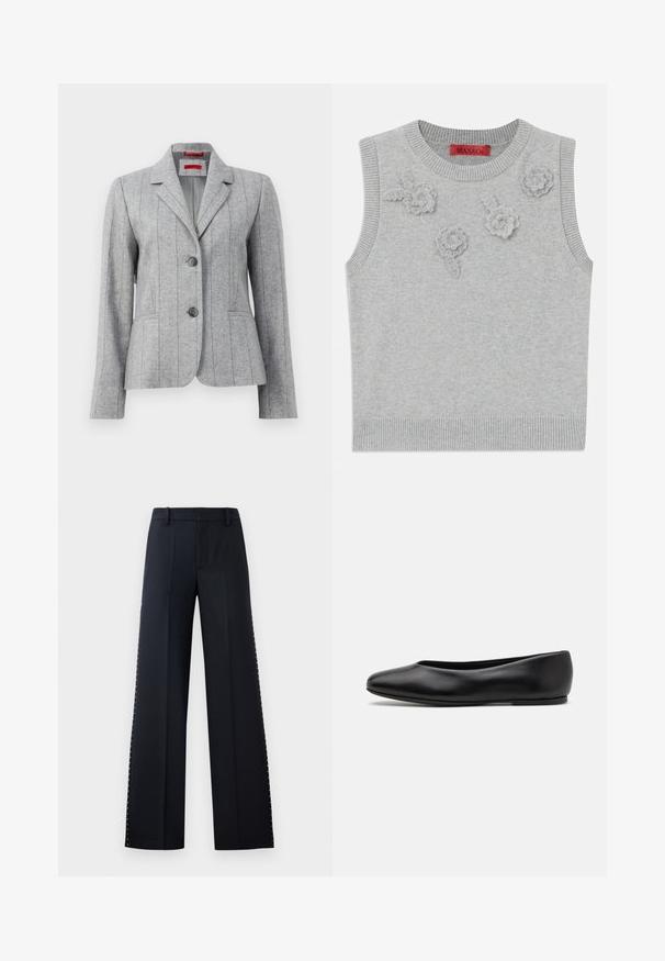 Grey tailored blazer with lapel collar, two front buttons, vertical stitched seams, and front pockets, displayed on a white background.; Light grey sleeveless sweater with a ribbed neckline and hem. Features three textured floral appliqués on the front. Brand label: MAX&Co.; Wide-leg trousers in black. Tailored fit with a smooth texture. Features a row of metallic studs along the side seams for detail.; Paul Smith TOPANGA - Ballet pumps - black