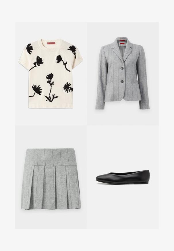 Sivina krojena blazer jakna z rever ovratnikom, dvema sprednjima gumboma, navpično nastavljenimi šivi in sprednjimi žepi, prikazana na beli podlagi.; Kratke rokave krema pulover z črnimi cvetličnimi vezeninami. Okrogla izreza in rebrast rob. Mehka tekstura z sproščenim fit.; Siva plisirana krila iz tkanine s ribjo kostjo; ima oblikovano pasnico in raven kroj na dnu.; Paul Smith TOPANGA - Balerinke - black