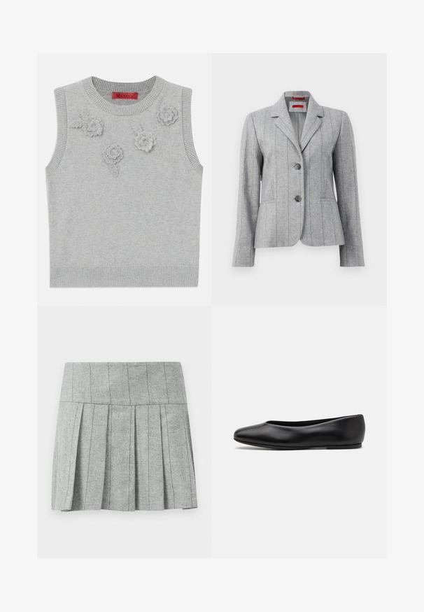Grå skräddarsydd kavaj med slagkrage, två framknappar, vertikala sömmar och framfickor, visas mot en vit bakgrund.; Ljust grå ärmlös tröja med ribbat hals- och nederkant. Har tre texturerade blommorapplikationer på framsidan. Varumärkesetikett: MAX&Co.; Grå plisserad kjol tillverkad av tyg i fiskbensmönster; har en strukturerad midja och en rak nedre kant.; Paul Smith TOPANGA - Ballerinaskor - black