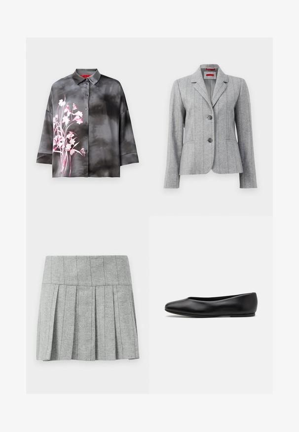 Blazer grigio su misura con colletto a rever, due bottoni frontali, cuciture verticali e tasche frontali, esposto su sfondo bianco.; Blusa di satin grigia con motivo floreale rosa, dotata di apertura con bottoni, colletto e maniche a tre quarti. Texture liscia e vestibilità rilassata.; Gonna grigia a pieghe realizzata in tessuto a motivo spigato; presenta una vita strutturata e un taglio dritto nella parte inferiore.; Paul Smith TOPANGA - Ballerine - black