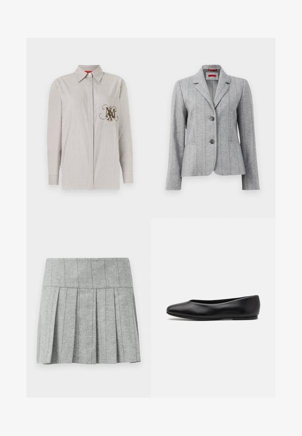 Blazer grigio su misura con colletto a rever, due bottoni frontali, cuciture verticali e tasche frontali, esposto su sfondo bianco.; Camicia a righe con bottoni in beige chiaro e marrone. Presenta una tasca con un monogramma marrone decorativo. Maniche lunghe con polsini abbottonati.; Gonna grigia a pieghe realizzata in tessuto a motivo spigato; presenta una vita strutturata e un taglio dritto nella parte inferiore.; Paul Smith TOPANGA - Ballerine - black