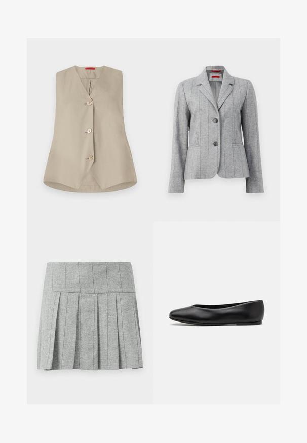 Blazer grigio su misura con colletto a rever, due bottoni frontali, cuciture verticali e tasche frontali, esposto su sfondo bianco.; Gilet beige senza maniche con scollatura a V, caratterizzato da tre bottoni in legno e orlo dritto. Realizzato in tessuto liscio con un design pulito.; Gonna grigia a pieghe realizzata in tessuto a motivo spigato; presenta una vita strutturata e un taglio dritto nella parte inferiore.; Paul Smith TOPANGA - Ballerine - black