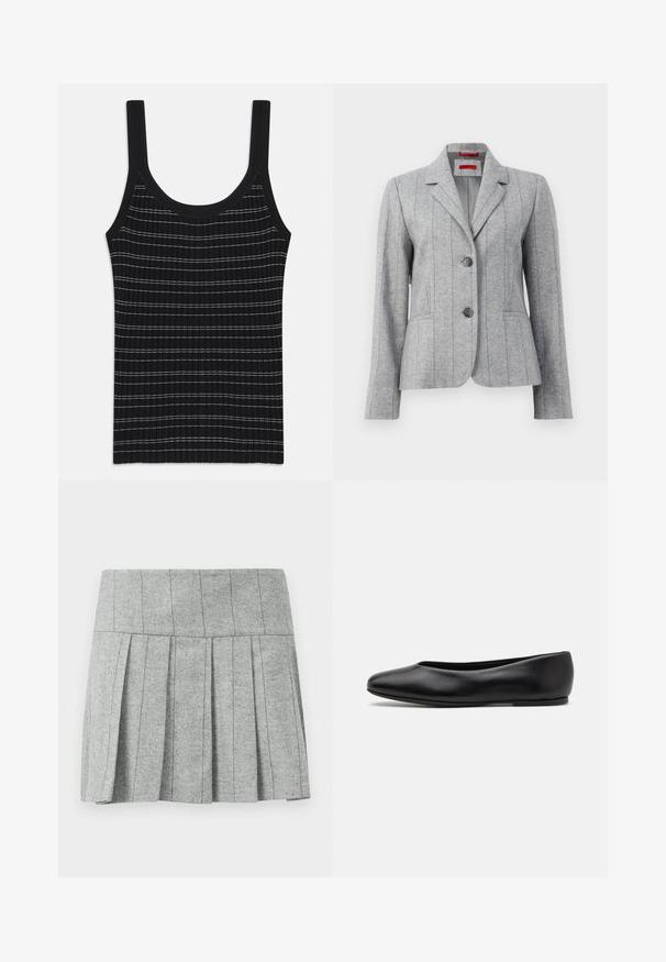 Grey tailored blazer with lapel collar, two front buttons, vertical stitched seams, and front pockets, displayed on a white background.; Black ribbed tank top with thin white stripes, featuring a round neckline and wide shoulder straps. Smooth texture, fitted design.; Gray pleated skirt made from herringbone-patterned fabric; features a structured waistband and a straight cut at the bottom.; Paul Smith TOPANGA - Ballet pumps - black