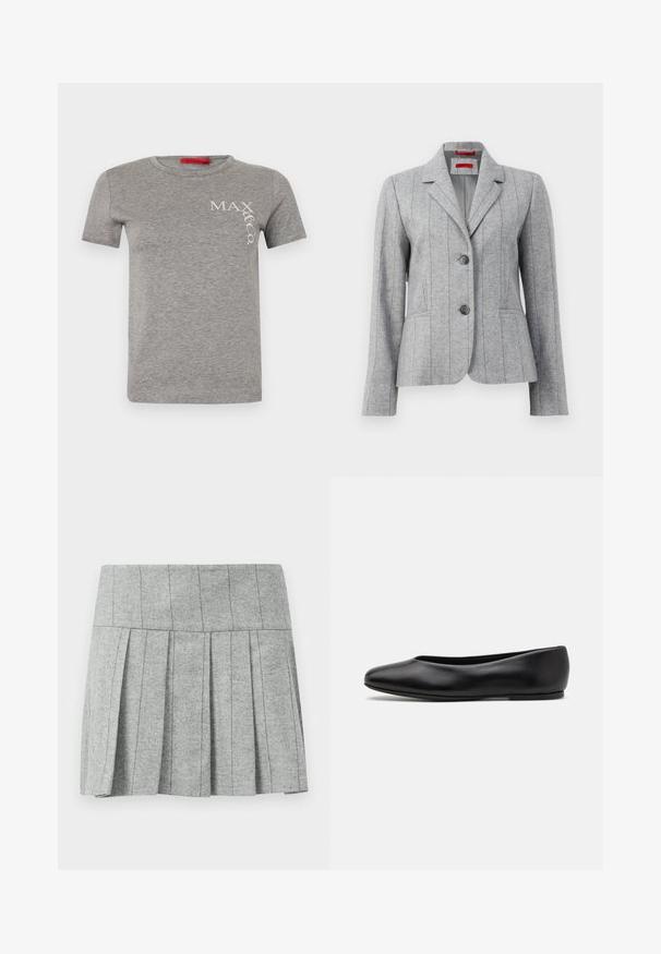 Grey tailored blazer with lapel collar, two front buttons, vertical stitched seams, and front pockets, displayed on a white background.; Gray cotton t-shirt with a crew neck, short sleeves, featuring a white logo "MAX&Co." in a diagonal font on the left side.; Gray pleated skirt made from herringbone-patterned fabric; features a structured waistband and a straight cut at the bottom.; Paul Smith TOPANGA - Ballet pumps - black