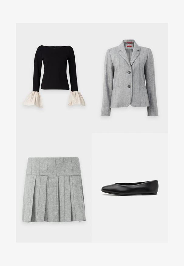 Grey tailored blazer with lapel collar, two front buttons, vertical stitched seams, and front pockets, displayed on a white background.; Black top with long sleeves and cream-colored, gathered bell cuffs. Features a boat neckline and a zipper closure at the back.; Gray pleated skirt made from herringbone-patterned fabric; features a structured waistband and a straight cut at the bottom.; Paul Smith TOPANGA - Ballet pumps - black