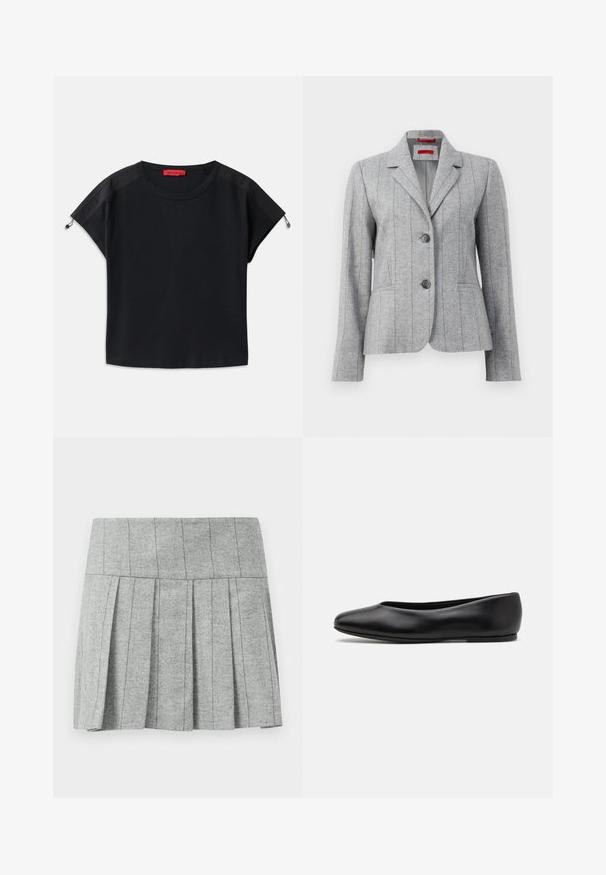 Grå skræddersyet blazer med slagkrave, to frontknapper, lodrette stikninger og frontlommer, præsenteret på en hvid baggrund.; Sort cropped t-shirt med rund hals. Har blødt stof med satinpaneler på skuldrene og snøre detaljer ved ærmerne.; Grå plisseret nederdel lavet af stof med fishtail-mønster; har en struktureret talje og en lige skæring nederst.; Paul Smith TOPANGA - Ballerinasko - black