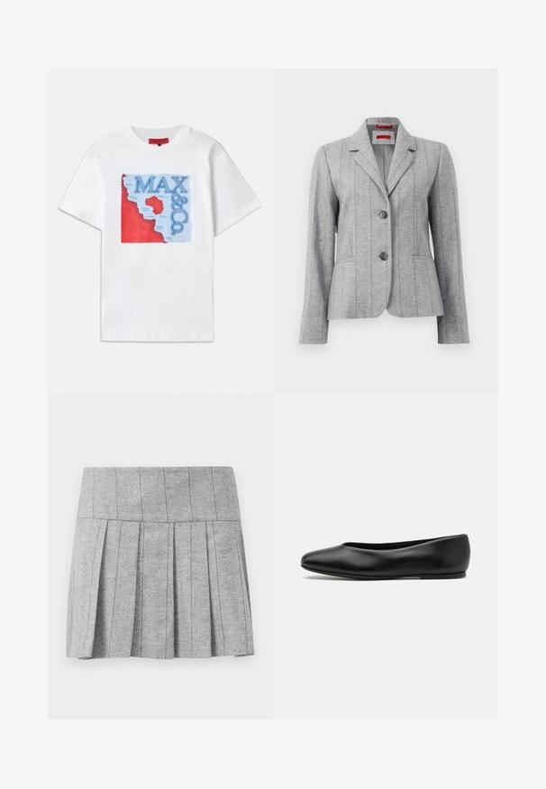 Szary żakiet z dopasowaniem, z kołnierzem w kształcie lapela, dwoma guzikami z przodu, pionowymi szwami oraz przednimi kieszeniami, prezentowany na białym tle.; Biała koszulka bawełniana z kolorowym wzorem graficznym z czerwonymi i niebieskimi elementami, przedstawiająca mapę oraz wyraźny napis "MAX & CO.".; Szara plisowana spódnica z tkaniny w wzór rybiej ości; posiada ustrukturyzowany pas i prosty krój na dole.; Paul Smith TOPANGA czarny