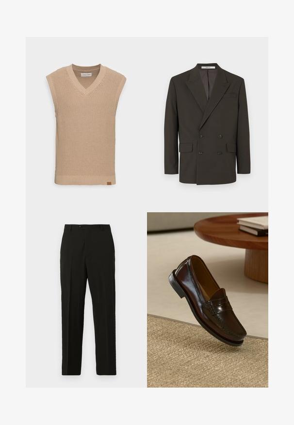 Double-breasted dark brown blazer made of smooth fabric, featuring a notched lapel, two front pockets, and matte black buttons.; Beige knitted sleeveless sweater vest with a V-neck, ribbed texture, and a small leather logo tag at the bottom left side.; Black tailored trousers made from a smooth fabric, featuring a straight cut, a button closure, and front pleats for added structure.; Brown leather loafers with a glossy finish, featuring a stitched detail across the front and a low-profile black rubber sole.