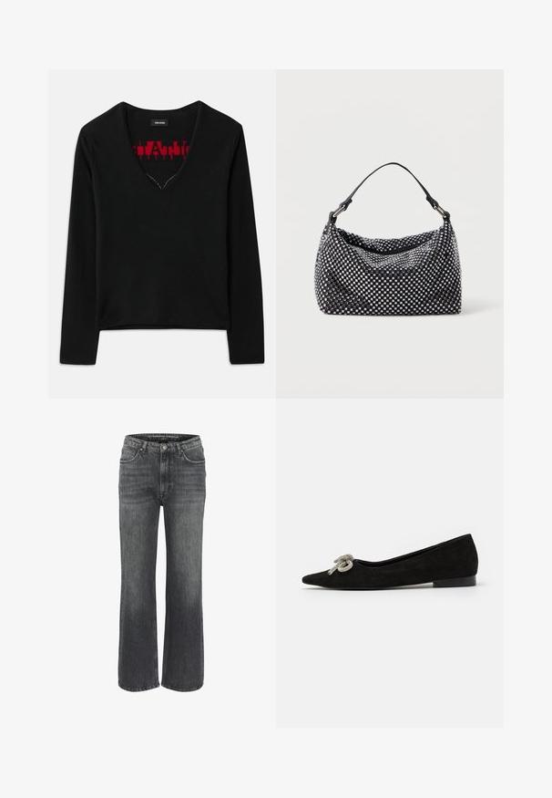 Sorte fløjl single-button blazer med notched lapels, to frontlommer med klap og lange ærmer, præsenteret på en hvid baggrund.; Sort langærmet top med V-hals, der har et kontrasterende rødt strikkemønster indeni. Glat tekstur, minimalistisk design og standart pasform.; Vero Moda Tall VMLADY G STRING - Skjortebluser - snow white; Bredde ben jeans i mørkegrå denim med et klassisk femlomme-design, stikninger og en knaplukning i taljen.; Sorte suede flade sko med spids tå, prydet med en dekorativ sølvsløjfe på fronten, med en lav hæl.; Sort og sølv håndtaske med en vævet, struktureret overflade med firkantede mønstre, en enkel top håndtag og et slasket design.