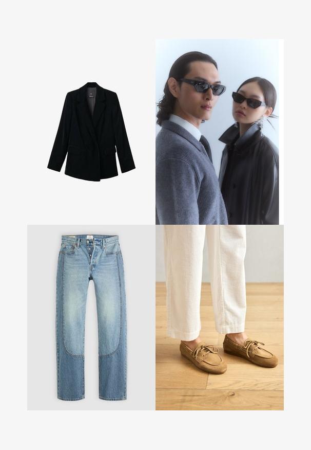 Black velvet single-button blazer with notch lapels, two front flap pockets, and long sleeves, displayed on a white background.; White long-sleeve collared shirt made of cotton. Features a button-down front and a single chest pocket. Smooth texture, relaxed fit.; Light blue denim jeans with a straight, loose fit, featuring contrasting panel details and a five-pocket design. Button fly closure.; Brown suede boat shoes with laces, featuring a rounded toe and stitched accents. Worn with white corduroy pants in a wooden setting.; Sunglasses with angular black frames on model with a gray sweater, showcasing textured knit and a black leather jacket worn by another model.; Black and silver handbag with a woven, textured surface featuring square patterns, a single top handle, and a slouchy design.