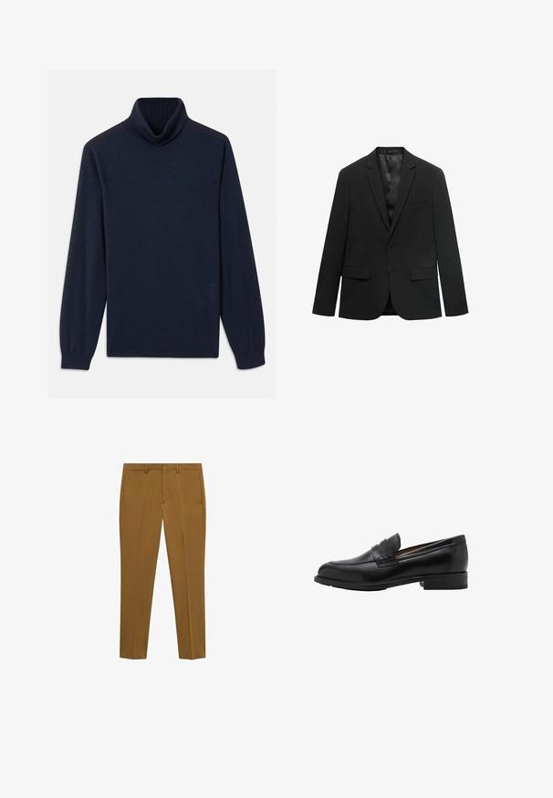 Zwarte blazer met een geknipte kraag, enkele knoopsluiting, twee voorkruiszakken en een gladde satijnen voering. Gepersonaliseerd ontwerp met een gestructureerde pasvorm.; Marineblauwe coltrui gemaakt van gladde stof, met een ribbelkraag en lange mouwen met aansluitende manchetten. Eenvoudig ontwerp zonder patronen.; Bruine op maat gemaakte broeken van een glad, licht gestructureerde stof, met twee zijzakken en een recht model.; Zwarte leren instappers met een gestikte voorkant en een platte hak. Glad van textuur met een ronde neus en een decoratieve band over de wreef.