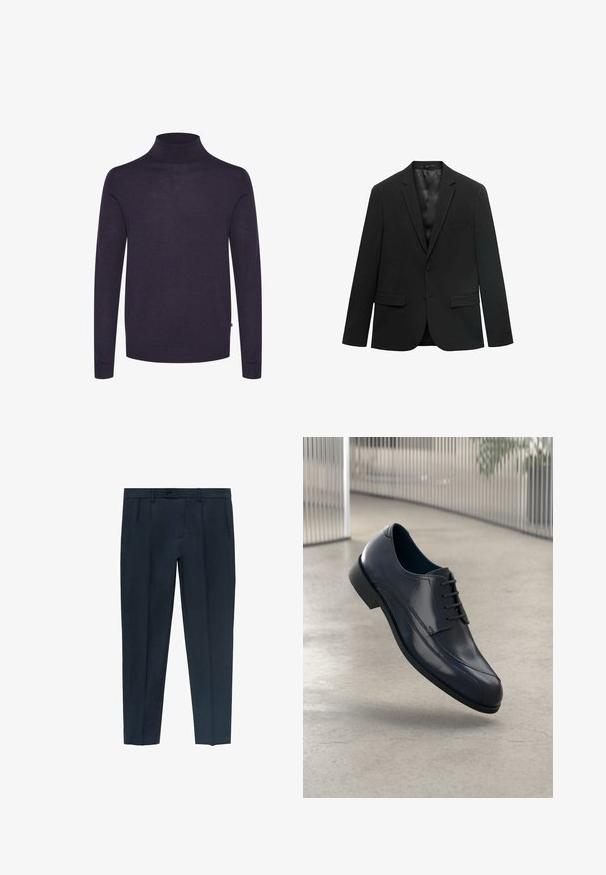 Blazer negru cu guler ascuțit, închidere cu un singur nasture, două buzunare frontale și căptușeală din satin neted. Design adaptat cu o croială structurată.; Pulover din lâna fină, de culoare bleu marin, cu guler înalt și mâneci lungi. Material ușor, textură netedă, design simplu.; Pantaloni navy închis dintr-un material neted, cu un design de talie medie, două buzunare laterale și o închidere frontală cu un singur buton.; Pantofii eleganți din piele veritabilă neagră, cu șireturi, plutind deasupra unui podea netedă, de culoare gri deschis, cu bare metalice verticale în fundal.