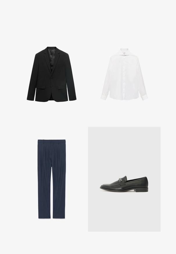 Svart kavaj med en sneddad krage, enkel knappstängning, två framfickor och en slät satinfoder. Skräddarsydd design med strukturerad passform.; Vit långärmad skjorta med knappar och spetsig krage, med en slät yta och sju knappar fram.; Marinblå herrbyxor med smalrandigt mönster, bältesömmar, framviktningar och raka ben, lagda platt på vit bakgrund.; Svart läderloafers med en slät yta, med en sydd design och en dekorativ metallkedjeaccent över västen. Platt häldesign.