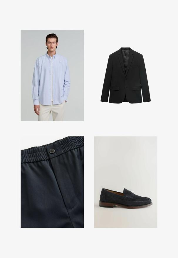 Černý blazer s klopovým límcem, zapínání na jeden knoflík, dvěma předními kapsami a hladkým saténovým podšívkou. Elegantní design s přizpůsobeným střihem.; Světle modrá a bílá pruhovaná košile na knoflíky s dlouhými rukávy; má límec a malou vyšitou značku na hrudi.; Námořnická modrá, lehká tkanina s hladkým povrchem. Obsahuje elastický pas s knoflíkovým uzávěrem a jednu boční kapsu.; Námořnicky modré semišové mokasíny se šitým akcentem a nízkým hnědým dřevěným podpatkem. Zaoblená špička a design na nazouvání bez viditelného kování.