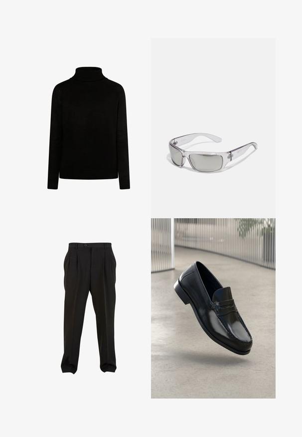 Giacca nera con chiusura a un bottone, taglio slim, revers a angolo e due tasche frontali. Tessuto liscio con un design pulito e formale.; Maglione a collo alto nero con texture a costine, maniche lunghe e silhouette aderente. Presenta dettagli in maglia al collo e ai polsini.; Pantaloni neri in tessuto morbido, con pieghe frontali, vita con bottone e polsini a gamba affusolata. Silhouette classica e sartoriale.; Mocassini neri in pelle con finitura liscia, punta arrotondata, cuciture decorative e suola leggermente rialzata.; Occhiali da sole con montatura in plastica trasparente, lenti grigie, design avvolgente e dettaglio del logo sul lato. Texture liscia con aste curve.; Guanti in pelle nera senza dita con finitura testurizzata. Le caratteristiche includono quattro fori per le dita, cuciture rinforzate e una chiusura a scatto.