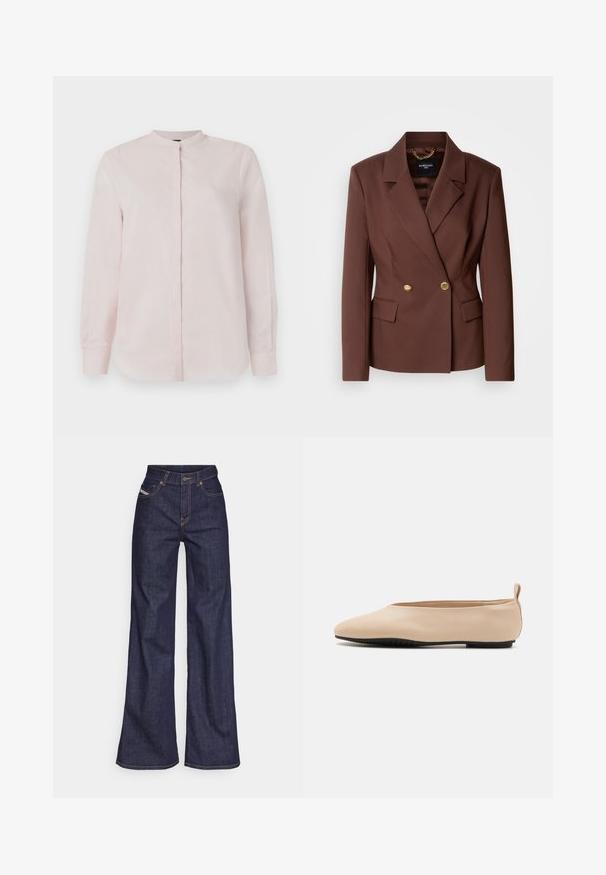 Brun dobbeltrådet blazer med to guldknapper, skrå lapeller og sidelommer. Fremstillet af glat stof med en struktureret pasform.; Lys rosa langærmet skjorte med ståkrave, knaplukning foran og glat tekstur. Ingen synlige mønstre eller design.; Mørkeblå bredbenede jeans i denimstof med høj talje, prydet med orange stikninger, fem-lomme design og knaplukning.; Beige læder balletflade med lav profil, rund tå og sort gummisål, udsmykket med en lille bagkrog for lettere påklædning.