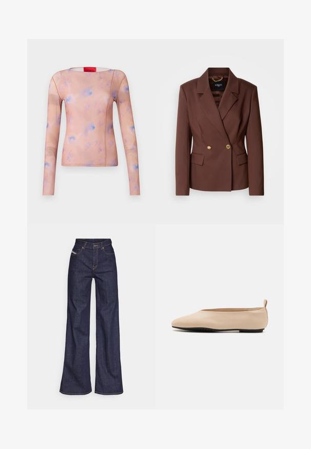 Hnědý dvouřadý blejzr se dvěma zlatými knoflíky, klopami a bočními kapsami. Vyrobený z hladké tkaniny s pevným střihem.; Dlouhý rukáv top v světle broskvové barvě s abstraktními pastelově modrými a růžovými vzory. Hladká tkanina s kulatým výstřihem a detailem bočního švu.; Tmavě modré džíny s širokým střihem vyrobené z denimové tkaniny, s vysokým pasem, oranžovým prošíváním, pěti kapsami a zapínáním na knoflík.; Béžové kožené baleríny s nízkým profilem, kulatou špičkou a černou gumovou podrážkou, s malým zadním poutkem pro snadnější obouvání.