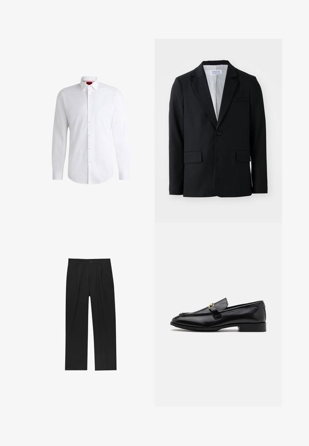 Blazer noir en tissu texturé avec une fermeture à un bouton, des revers crantés et trois poches, y compris une poche poitrine.; Chemise blanche à manches longues en tissu lisse avec un col classique et un ourlet arrondi. Présente des boutons beiges à l'avant.; Pantalons noirs au design droit, fabriqués à partir d'un tissu lisse. Dotés de plis sur le devant et d'une fermeture à un bouton à la taille.; Mocassins en cuir noir avec un bout arrondi, des accents cousus, un petit talon et un détail en métal doré sur la sangle. Texture lisse dans l'ensemble.