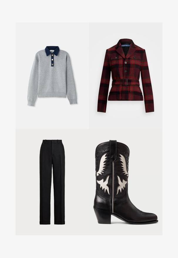 Burgundia karvane jope mustade ja roheliste aktsentidega, millel on vöökoha rihm, krae ja kaks nööbiga esikotti.; Hall grey kapuutsiga särk tumeda sinise denimist krae, kolme kuldne nupuga ja soonikutega varrukatega. Pehme tekstuur ja lõdva disainiga.; Must mustrandid, kõrge vöökohaga linane püks. Omab sirget säärejoont, pressitud voldid ja ääre kujundust. Ei nähtavaid taskuid ega kinnitusi.; Mustast nahkset cowboy saapad valgete nurkade aktsentidega, dekoratiivse õmblusega, terava varbaga ja madala virnastatud kontsaga.