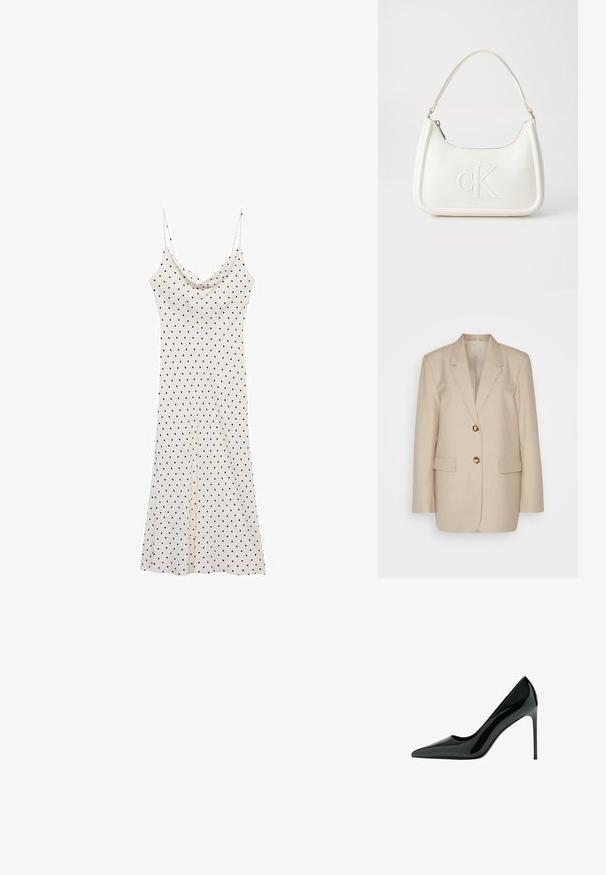 Beige Leinenblazer mit Reverskragen, zwei Vordertaschen und goldfarbenen Knöpfen. Hat eine taillierte, strukturierte Silhouette.; Ärmelloses Kleid aus weichem, leichtem Stoff; cremefarbener Hintergrund mit schwarzen Punkten; drapierter Halsausschnitt und fließende Silhouette.; Schwarze Lackleder-Stiletto-Pump mit spitzem Zehenbereich und glatter, glänzender Oberfläche; hoher, schlanker Absatz; minimalistisches Design.; Weiße Lederhandtasche mit abgerundeter Form, ausgestattet mit einem geprägten "CK"-Logo auf der Vorderseite und einem Einzel-Schultergurt. Reißverschluss oben.