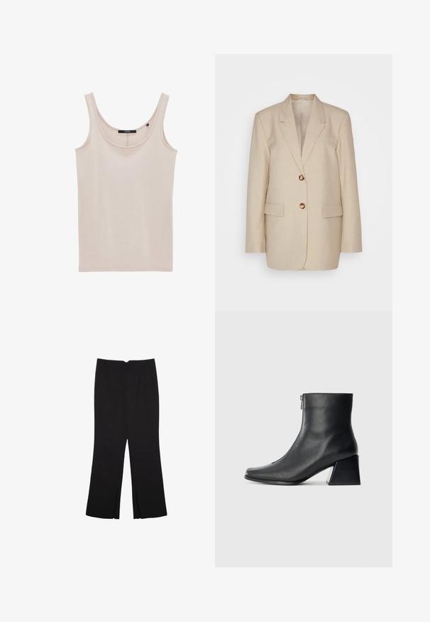Blazer in lino beige con revers a punta, due tasche frontali e bottoni dorati. Presenta una silhouette strutturata e sartoriale.; Top tank beige realizzato in morbido cotone, con spalline sottili e scollatura a girocollo, dalla superficie liscia e con dettagli di cucitura minimi.; Pantaloni neri a gamba dritta, con tasche frontali e spacchi laterali all'orlo. Realizzati in tessuto morbido e liscio. Adatti a diverse occasioni.; Stivaletto in pelle nera con punta quadrata, cerniera laterale e tacco squadrato su sfondo chiaro uniforme.