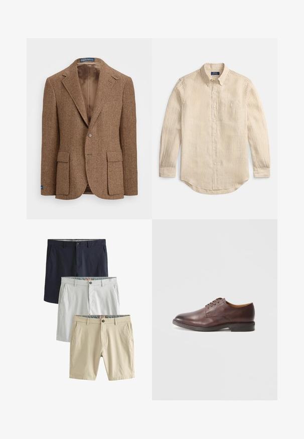 Brun herringbone blazer lavet af vævet stof, med notch-lapel, to frontlommer og en enkelt knaplukning. Satin foring indvendigt.; Beige langærmet skjorte med hvide lodrette striber, knaplukning, knaplukket krave, brystlomme og "Polo Ralph Lauren" label inde i kraven.; Tre par shorts: marineblå, lysegrå og beige, alle lavet af glat stof, med forlommer og knaplukninger.; Brune læder snøreherresko med glat finish og stablet hæl på hvid baggrund.