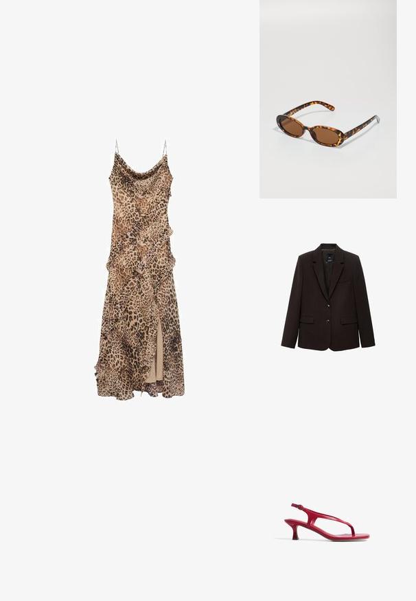 Blazer marrone scuro realizzato in tessuto testurizzato, con rever a punte, due tasche frontali e due bottoni per la chiusura. Interno foderato.; Abito leopardato con design drappeggiato, caratterizzato da volant lungo i bordi e uno spacco alto fino alla coscia. Realizzato in tessuto leggero con spalline sottili.; Sandal in pelle laccata rossa con una sottile striscia sulla punta e cinturino regolabile alla caviglia. Presenta un tacco basso e affusolato e una suola piatta.; Occhiali da sole tartaruga con montatura ovale, lenti marroni e astine nere sottili con accenti di pattern discreti.