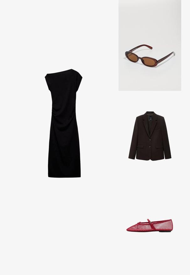 Tmavě hnědý blazer vyrobený z texturované tkaniny, s klopovým límcem, dvěma předními kapsami a dvěma knoflíky na zapínání. Podšitý vnitřek.; Černé šaty po kolena vyrobené z měkké tkaniny, s výstřihem bez ramínek, krátkými rukávy a na bocích s nařasením.; Červené síťované baletní lodičky s špičatou špičkou, které mají tenký pásek a detaily s přezkou. Vrchní část má otevřený vzor včelí plástve.; Kulaté sluneční brýle hnědé barvy s lesklým burgundským rámem. Úzké nožičky s jemným logem. Rovné čočky.