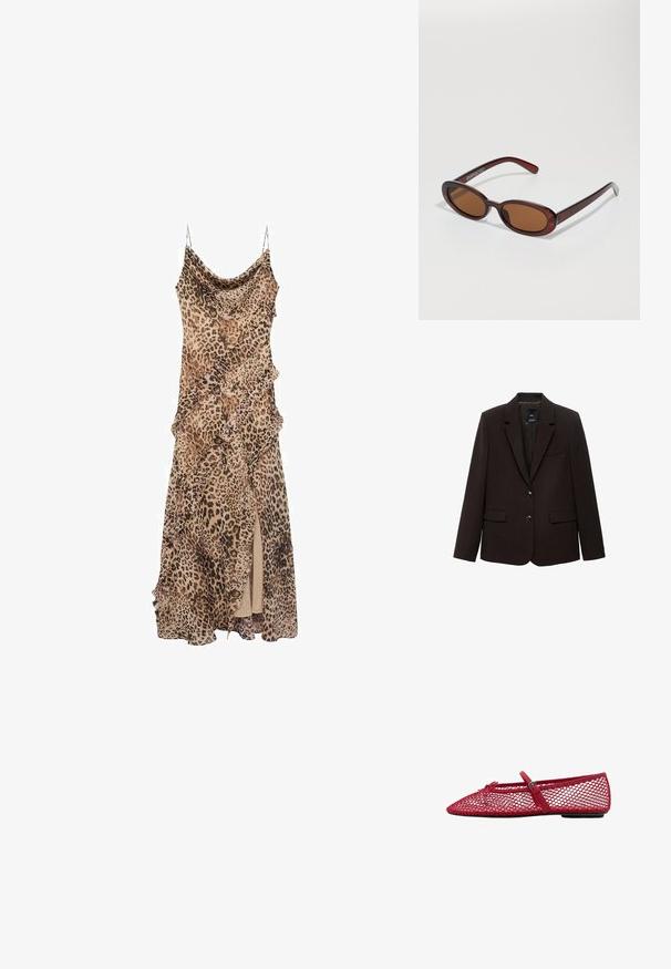 Blazer marrone scuro realizzato in tessuto testurizzato, con rever a punte, due tasche frontali e due bottoni per la chiusura. Interno foderato.; Abito leopardato con design drappeggiato, caratterizzato da volant lungo i bordi e uno spacco alto fino alla coscia. Realizzato in tessuto leggero con spalline sottili.; Ballerine in rete rossa con punta affusolata, dotate di una sottile cinghia e dettaglio a fibbia. La parte superiore presenta un motivo aperto a nido d'ape.; Occhiali da sole rotondi con tonalità marrone, montatura lucida color bordeaux. Aste sottili con un sottile dettaglio del marchio. Design delle lenti piatte.