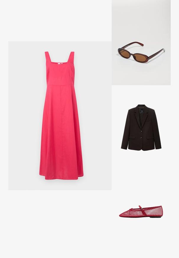 Sacou de culoare maro închis, fabricat dintr-un material texturat, având rever în formă de unghi, două buzunare frontale și două nasturi pentru închidere. Interior căptușit.; Rochie roz din in, cu decolteu pătrat, bretele late și o siluetă A-line fluidă, având o textură netedă și un design minimalist.; Balerini roșii din plasă cu vârful ascuțit, prezentând o curea subțire și un detaliu cu cataramă. Partea superioară are un model deschis, în formă de fagure.; Ochelari de soare rotunzi, cu nuanțe de brown și cu un cadru lucios de burgund. Brațe subțiri cu detalii subtile de branding. Design cu lentile plate.