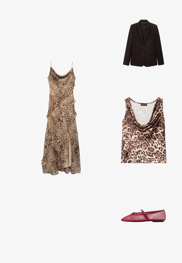 Dark brown blazer made of textured fabric, featuring a notched lapel, two front pockets, and two buttons for closure. Lined interior.; Leopard print sleeveless top, draped neckline, silky texture, brown and beige color scheme, with bold black spots and smooth finish.; Leopard print dress with a draped design, featuring ruffles along the edges and a thigh-high slit. Made of lightweight fabric with spaghetti straps.; Red mesh ballet flats with a pointed toe, featuring a thin strap and buckle detail. The upper has an open, honeycomb pattern.