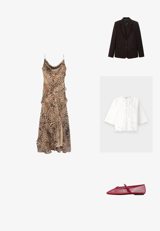 Tummanruskea blazer, joka on valmistettu tekstuurisesta kankaasta. Siinä on leikkauslapel, kaksi etutaskua ja kaksi nappia sulkemista varten. Vuorattu sisus.; Valkoinen pusero, jossa on pyöreä pääntie, sidottava etuosa, kolmannesosa hihat ja aallotettu pitsitikkaus helman varrella.; Mekko, jossa on leopardikuvio ja draped-suunnittelu, jossa on röyhelöitä reunoilla ja reiteen asti ulottuva halkio. Valmistettu kevyestä kankaasta, jossa on spagettiolkaimet.; Punaiset verkkomateriaalista valmistetut balettikengät, joissa on teräväkärkinen muotoilu ja ohut nauha sekä solkiyksityiskohta. Yläsovitus on avoin, pesäkynttäkuvioitu.