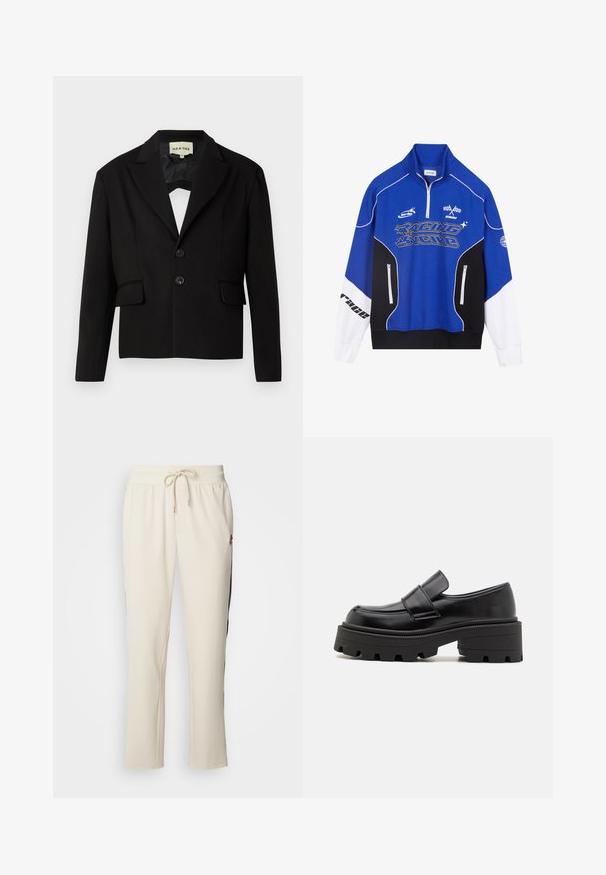 Črni skrajšani blazer z zareznim ovratnikom, dvema sprednjima žepoma in dvema črnima gumboma. Gladka tkanina z strukturirano silhueto.; Modra in črna zadrga mikica z belimi detajli, ki vsebuje logo "RACING" v krepkem tisku, visok ovratnik in dve žepki z zadrgo.; Bež pamučne trenirke z vrvico v pasu, stranskimi črnimi črtami in majhnim vezenim logotipom na levi strani. Mehka, sproščena oblikovana.; Črne usnjene loafer čevlje s debelim gumijastim podplatom, ki vključujejo dvignjeno platformo in trak čez nart. Gladka tekstura in zaobljena oblika.