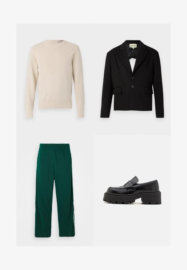 Black cropped blazer with a notched lapel, two front pockets, and two black buttons. Smooth fabric with a structured silhouette.; Beige knitted sweater with a textured pattern, round neckline, and ribbed cuffs and hem. Classic fit with long sleeves.; Green, lightweight, elastic waist pants with a relaxed fit. Features side pockets and white stripe detailing along the sides.; Black leather loafers with a chunky rubber sole, featuring a raised platform and a strap across the instep. Smooth texture and rounded shape.