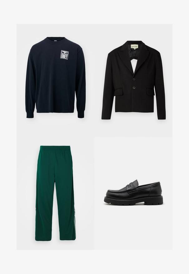 Fekete, rövidített zakó, kifordított hajtókával, elülső két zsebbel és két fekete gombbal. Sima anyag, strukturált fazon.; Fekete, hosszú ujjú pamut póló, bal mellrészen fehér négyzet alakú grafikával, rajta az "OBEY" szóval. Kerek nyakkivágás és testhez simuló mandzsetták.; Zöld, könnyű, rugalmas derekú nadrág, laza szabással. Oldalsó zsebekkel és fehér csíkkal a szélén.; Fekete bőr loafer cipők lekerekített orral, texturált díszítéssel az elején, és vastag gumitalppal, amely barázdákkal van ellátva a tapadás érdekében.