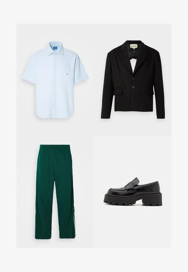 Melna īsā žakete ar iegrieztiem atlokiem, divām priekšējām kabatām un divām melnām pogām. Gluda auduma struktūra ar izteiktu siluetu.; Cimdi ar īsām piedurknēm, gaiši zila pogājama krekls, strukturēts audums, apkakle, priekšējā kabata ar birku un taisna apakša, piemērots ikdienas valkāšanai.; Balts bez piedurknēm T-krekls, izgatavots no ribota auduma, ar apaļu kakla izgriezumu un mazu melnu logotipu uz krūšu daļas.; Zaļas, vieglas, elastīgas vidukļa bikses ar brīvu piegriezumu. Iespējoti sānu kabatas un baltas svītras detaļas pa malām.; Melnas ādas loafers ar masīvu gumijas zoli, kas iezīmē paceltu platformu un siksnu pāri instepam. Gluda tekstūra un noapaļota forma.