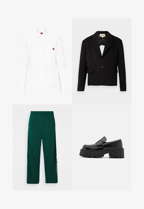 Schwarzer, taillierter Blazer mit Reverskragen, zwei Fronttaschen und zwei schwarzen Knöpfen. Glattes Material mit strukturierter Silhouette.; Langärmliges weißes Hemd aus Baumwolle, mit einem Button-Down-Kragen, einer Brusttasche und einem kleinen roten Logo-Patch auf der Brust.; Weißes ärmelloses Tanktop aus geripptem Stoff, mit rundem Ausschnitt und einem kleinen schwarzen Logo auf der Brust.; Grüne, leichte, elastische Hosen mit entspannter Passform. Mit Seitentaschen und weißen Streifen entlang der Seiten.; Schwarze Lederloafers mit einer robusten Gummisohle, die eine erhöhte Plattform und einen Riemen über dem Spann aufweisen. Glatte Textur und abgerundete Form.