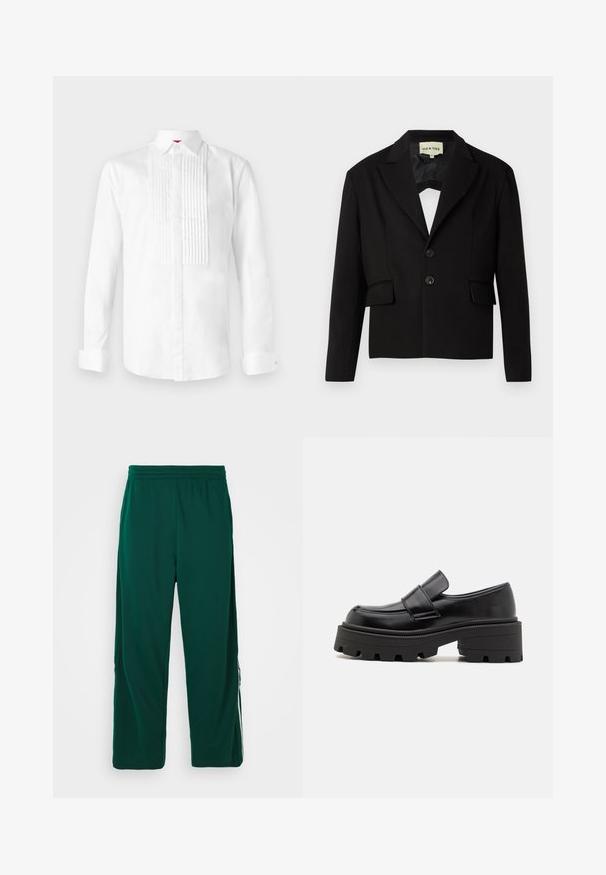 Zwarte cropped blazer met een gelapte revers, twee voorzakken en twee zwarte knopen. Glad materiaal met een gestructureerde silhouet.; Witte langemouwen shirt van katoen met een klassieke kraag, voorzien van verticale plooien op de voorkant en knoopmanchetten.; Groene, lichte, elastische broek met een relaxte pasvorm. Kenmerken zijn zijzakken en witte streepdetails langs de zijkanten.; Zwarte leren instappers met een dikke rubberen zool, voorzien van een verhoogd platform en een band over de wreef. Glad oppervlak en ronde vorm.