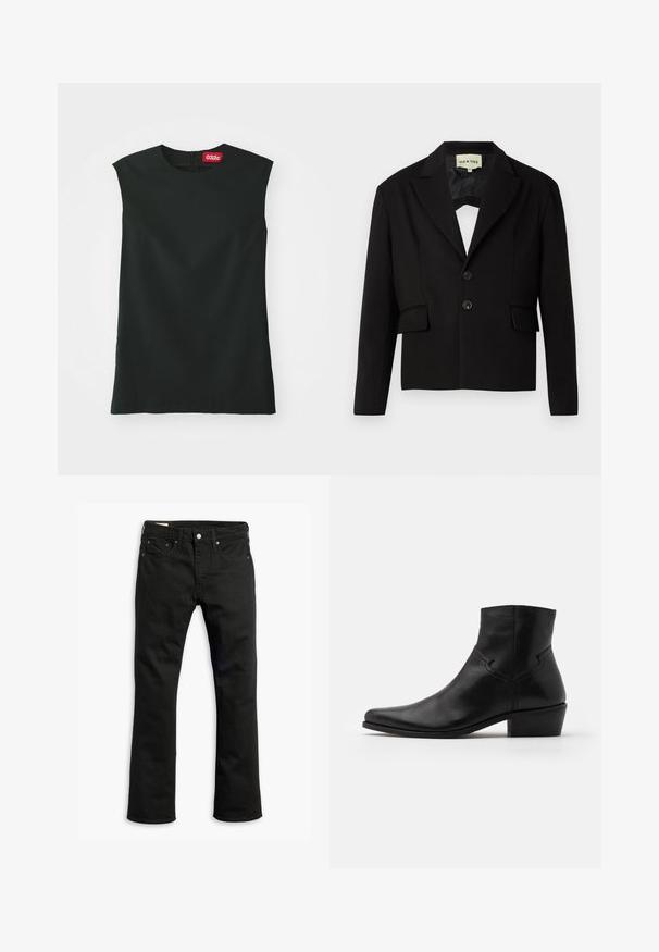 Black cropped blazer with a notched lapel, two front pockets, and two black buttons. Smooth fabric with a structured silhouette.; Black sleeveless top with a round neckline, smooth fabric, and a back zipper. Features a small red tag with "032c" logo at the neck.; Black denim jeans with a straight leg design, five pockets, metal button closure, and subtle stitching details. Smooth texture and solid color.; Black leather ankle boot with a pointed toe, minimal stitching details, a mid-height block heel, and a smooth, polished finish.