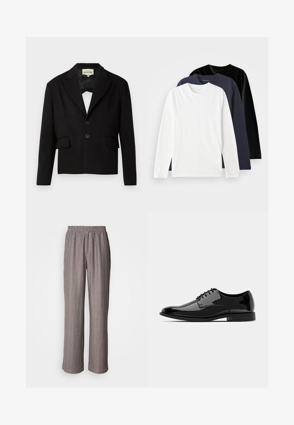Black cropped blazer with a notched lapel, two front pockets, and two black buttons. Smooth fabric with a structured silhouette.; Three long-sleeve T-shirts stacked: one white, one dark navy, and one black. Made of smooth cotton, featuring round necklines and side slits.; Wide-leg pants made of lightweight fabric, featuring a black and white geometric pattern with an elastic waistband.; Black patent leather dress shoe with a rounded toe, lace-up design, and smooth, shiny surface. Features a low-profile rubber sole.